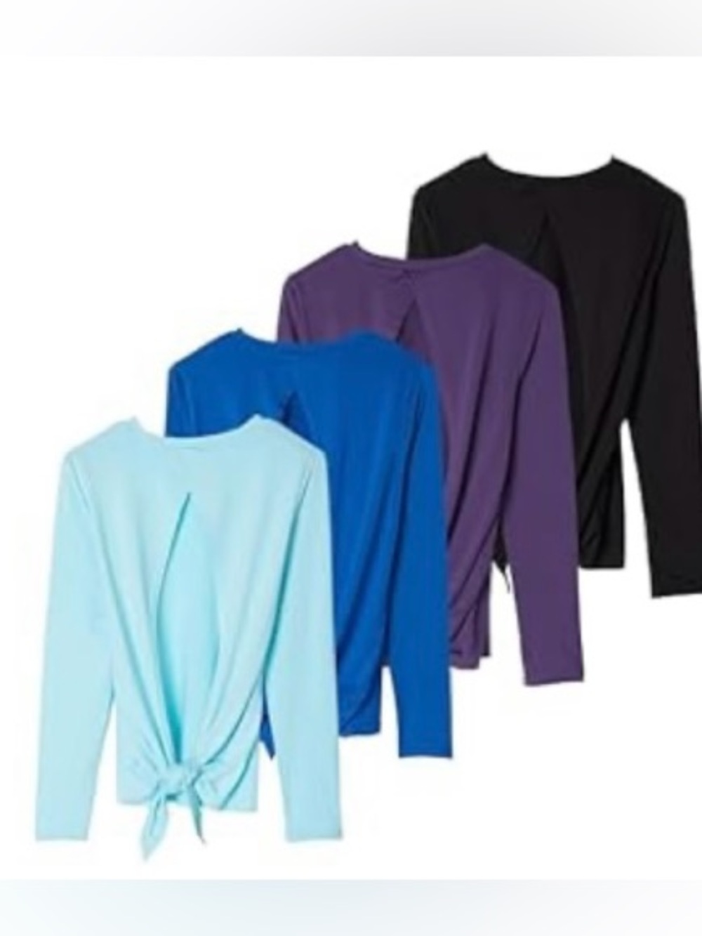 Long Sleeve Tie-Back Top in Light Blue, Royal Blue, Purple, and Black